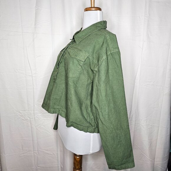 J.Crew Popover Shirt Cotton Linen Blend Green Long Sleeve Buttoned Cropped Sz M - Picture 4 of 12